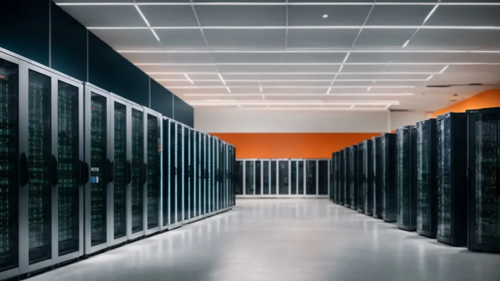 a row of high-tech data servers in a well-organized, brightly lit data center room.