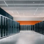 a row of high-tech data servers in a well-organized, brightly lit data center room.