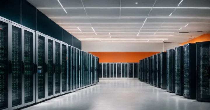 a row of high-tech data servers in a well-organized, brightly lit data center room.