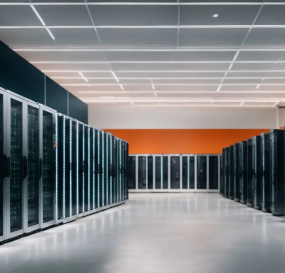 a row of high-tech data servers in a well-organized, brightly lit data center room.