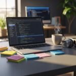 Modern web development workspace with a laptop, code editor, and creative elements