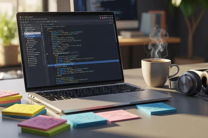 Modern web development workspace with a laptop, code editor, and creative elements