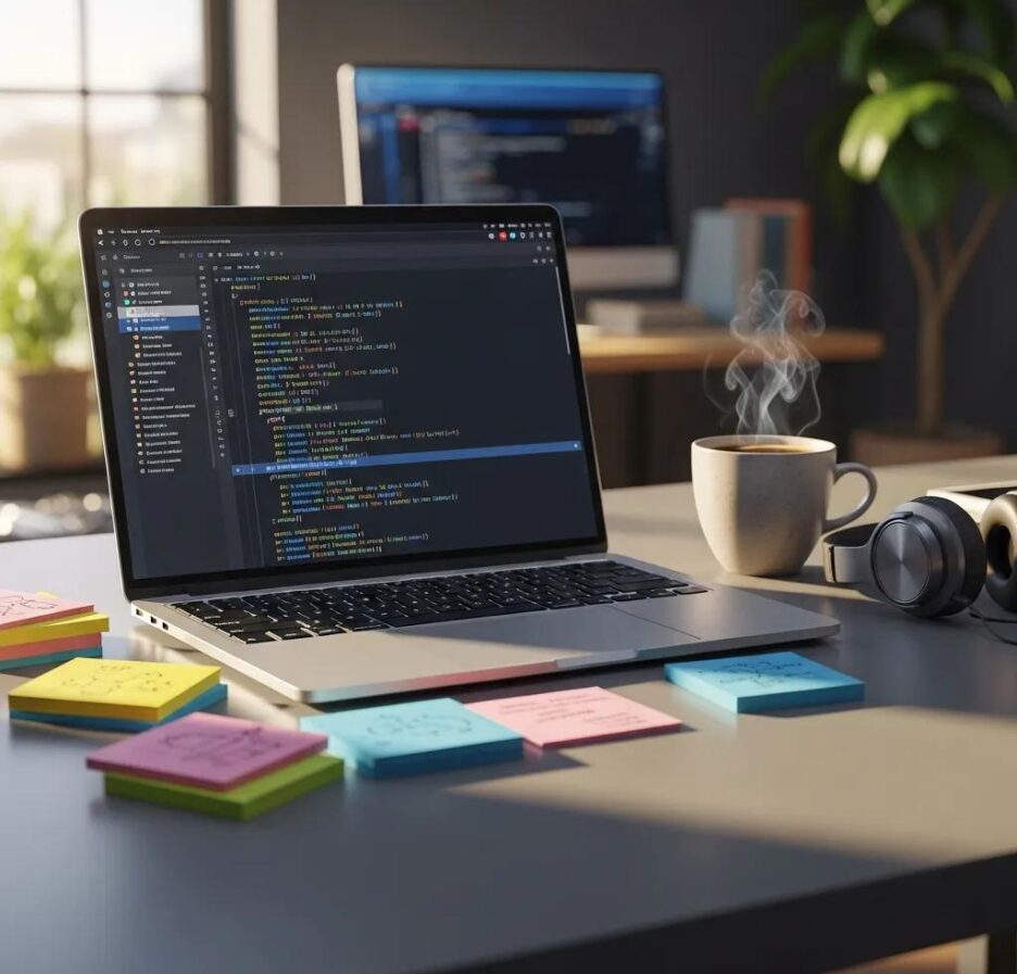 Modern web development workspace with a laptop, code editor, and creative elements