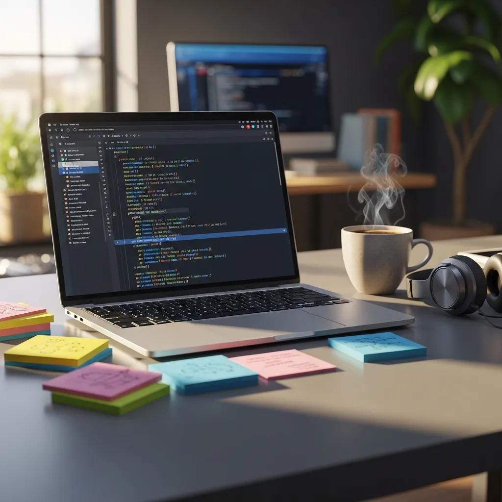 Modern web development workspace with a laptop, code editor, and creative elements