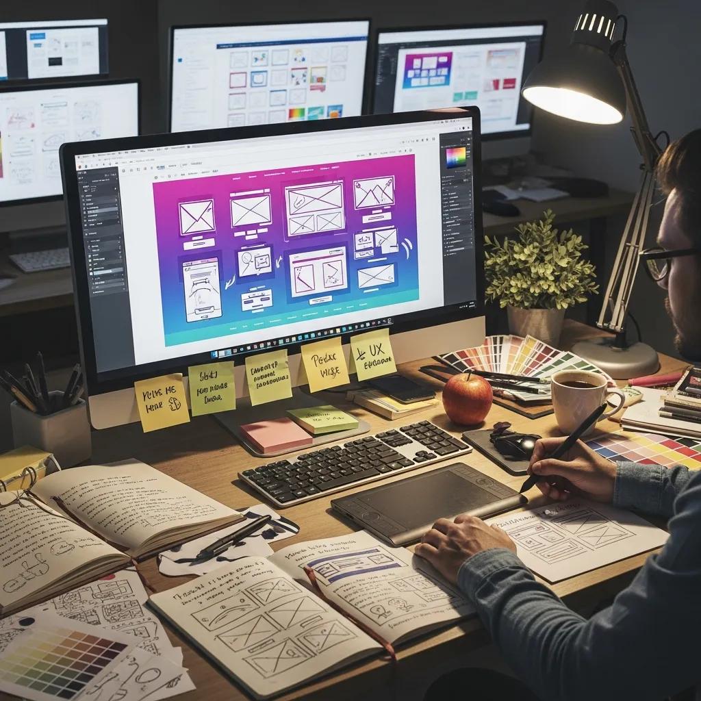 Designer creating a custom website layout in a creative workspace