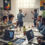 Diverse web developers collaborating in a modern workspace