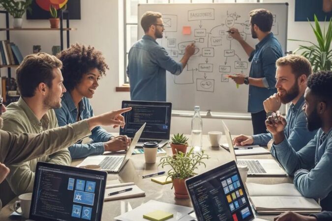 Diverse web developers collaborating in a modern workspace