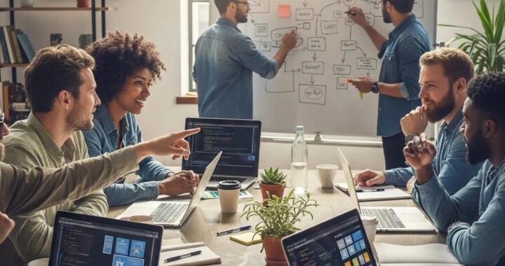 Diverse web developers collaborating in a modern workspace