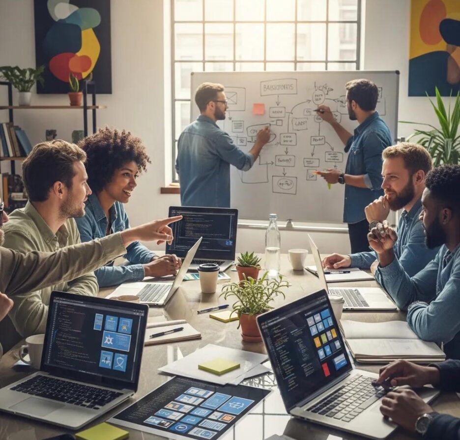 Diverse web developers collaborating in a modern workspace