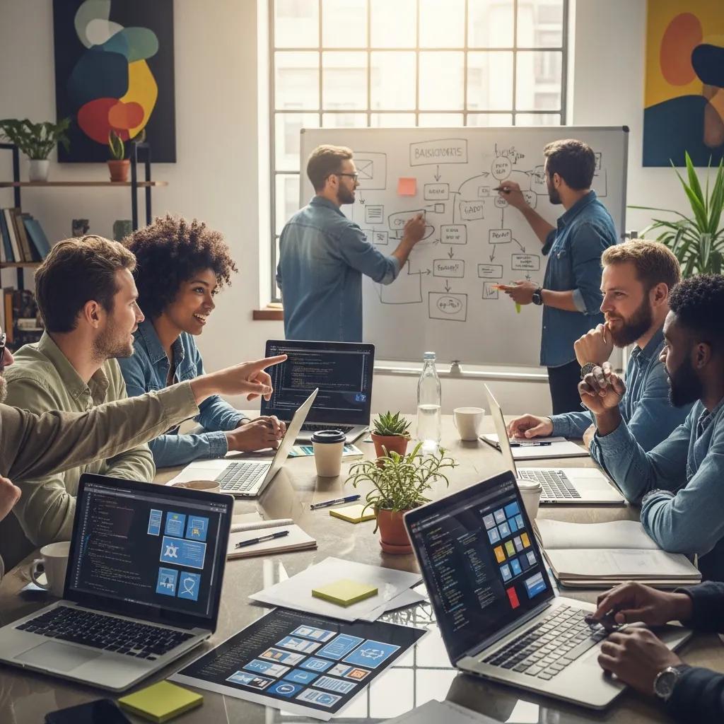 Diverse web developers collaborating in a modern workspace